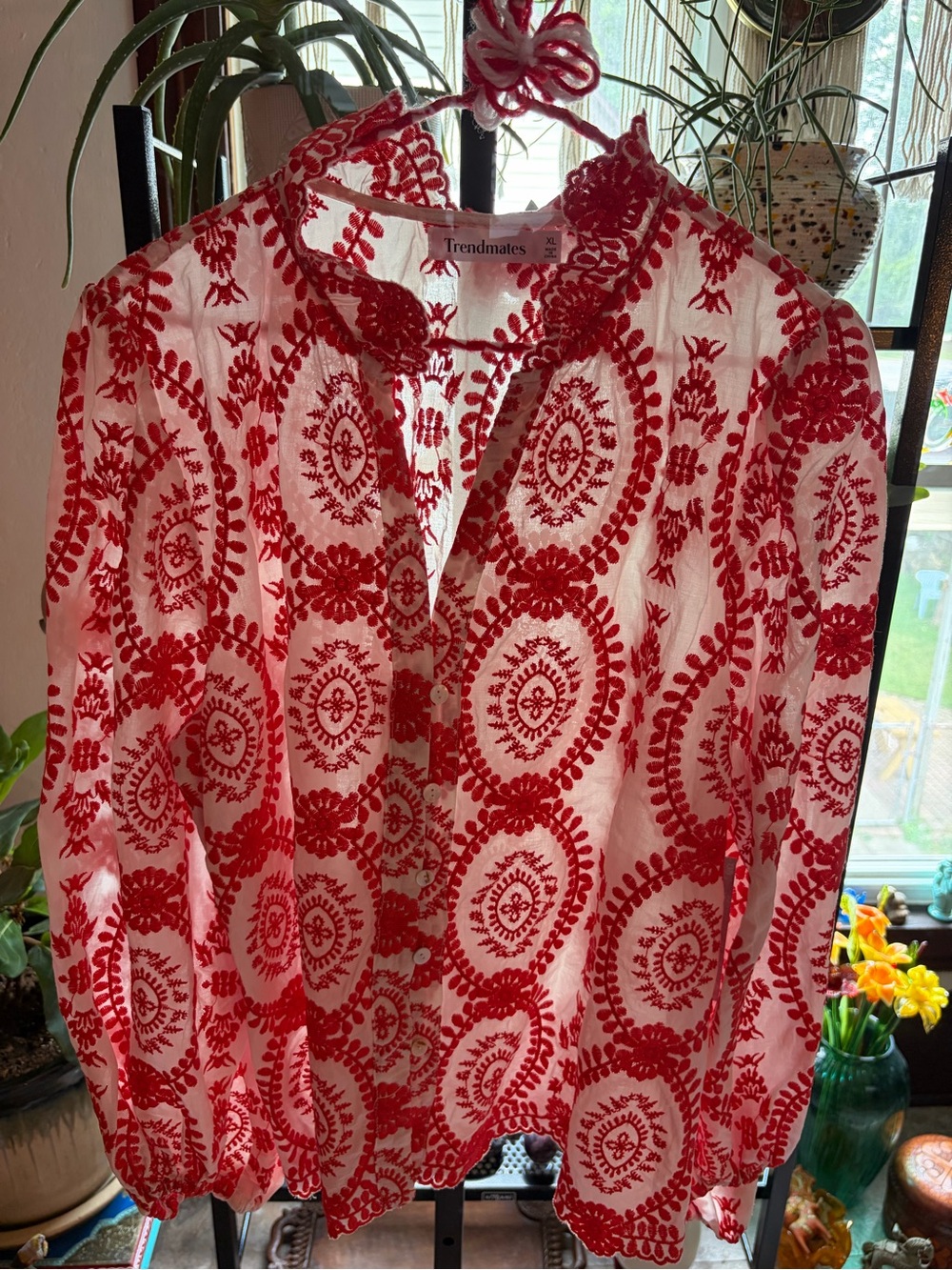 Red and White Embroidered Blouse